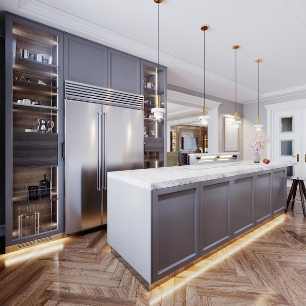 A modern kitchen island made of wooden panels with a chamfer of gray color