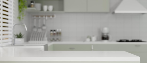 Современный кухонный остров с копией пространства над размытым современным кухонным помещением для приготовления пищи 3d визуализация