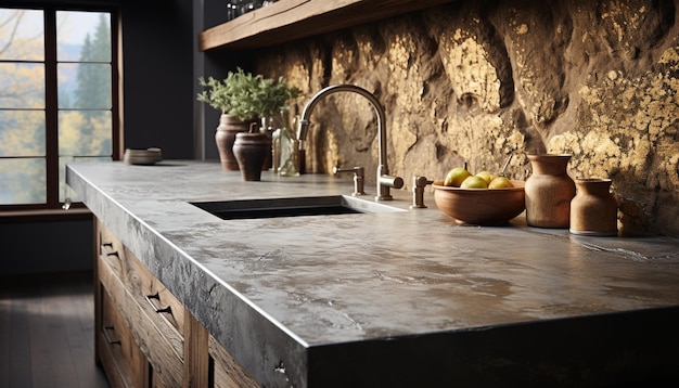 Modern kitchen island with marble countertop and stainless steel sink generated by artificial intelligence