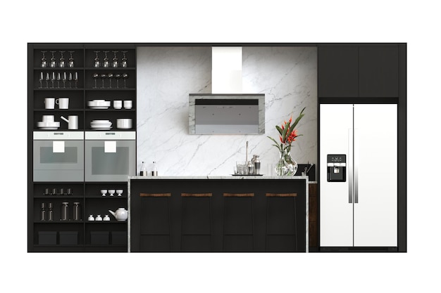 Фото Современная кухня изолирована на белом фоне домашняя мебель 3d иллюстрация cg render