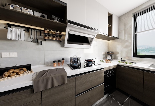 Modern kitchen render with dark theme