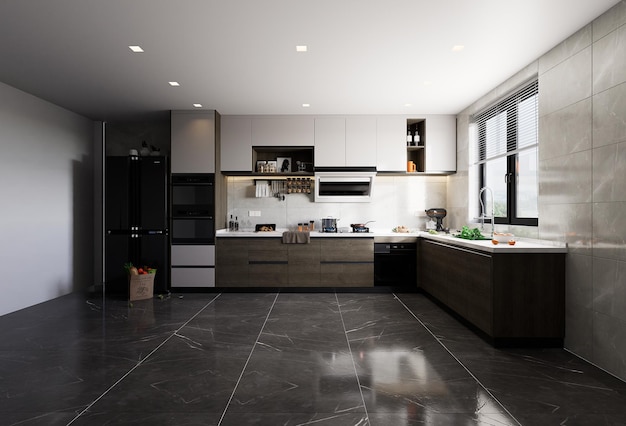 Modern kitchen render with dark theme