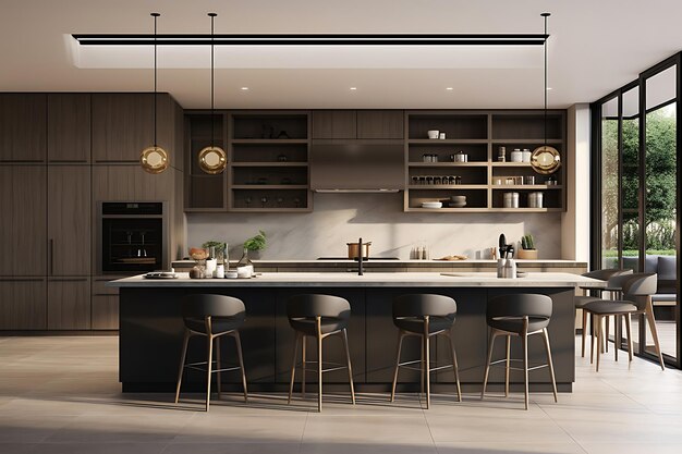 Modern kitchen room interior design 3d rendering