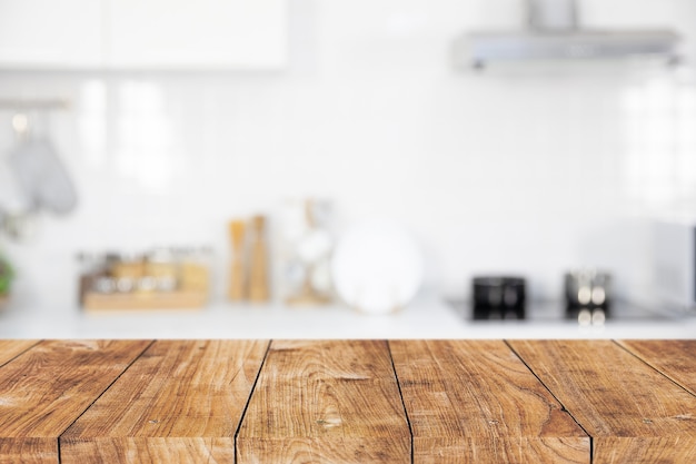 Modern kitchen room with wooden table island blank space for products montage advertising background