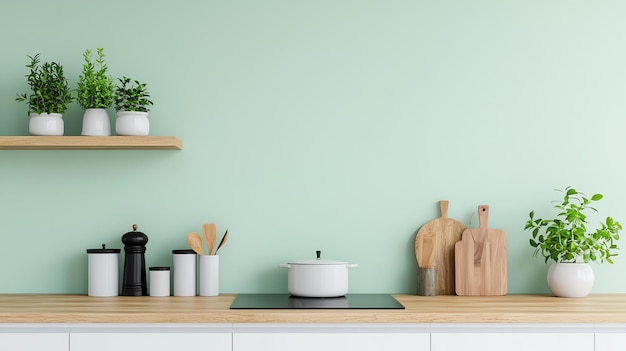 a modern kitchen scene featuring green walls cooking utensils and vibrant plants for a fresh culinary atmosphere