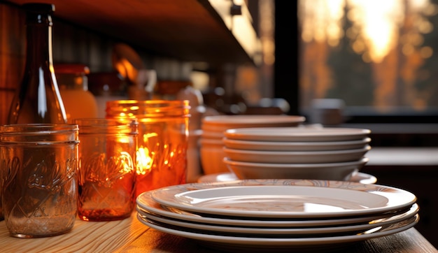 Photo modern kitchen stack of plates