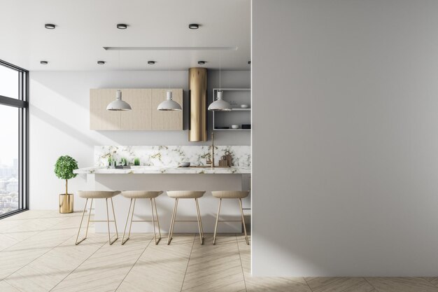 Foto interni moderni da studio di cucina e pareti bianche vuote design e concetto di stile rendering 3d