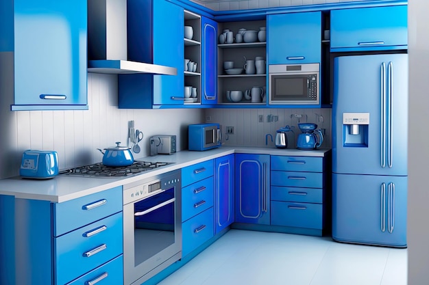 Modern kitchen with aliances in home interior blue