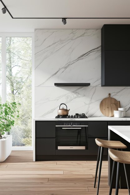 Modern Kitchen With Black Cabinets and Marble Countertop