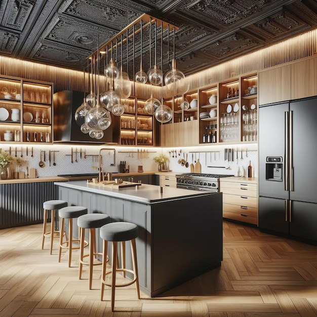 Modern kitchen with a black island and bar stools wooden flooring gold accents high ceiling