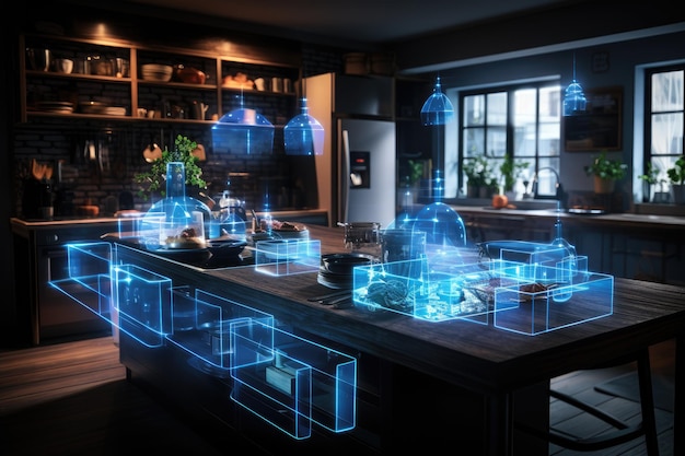 Modern kitchen with black and white counter and glass doors inside a smart kitchen with network