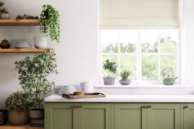 a modern kitchen with bright green cabinets and indoor plants to enhance the atmosphere