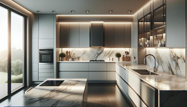 Modern kitchen with builtin cabinets and smart organization system