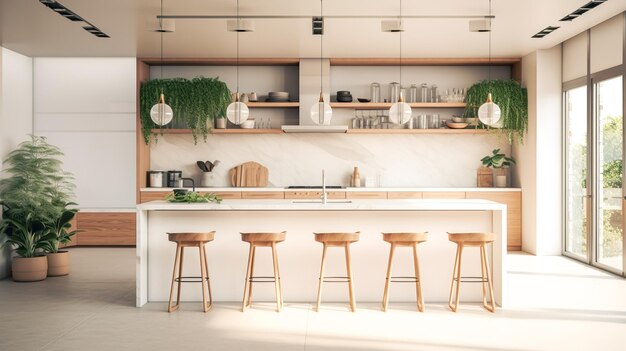 Modern kitchen with center island and bar stools generative ai