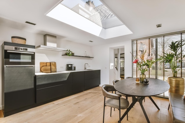 Modern kitchen with dining area