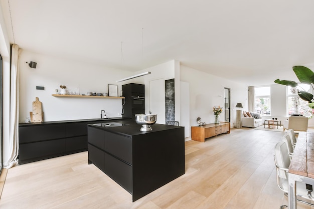 Modern kitchen with dining area