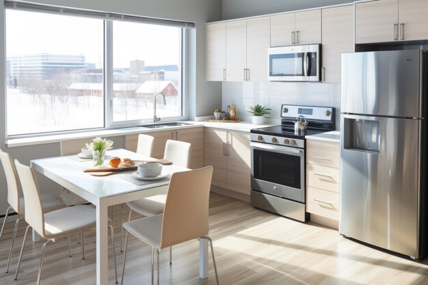 Modern kitchen with dining table and chairs