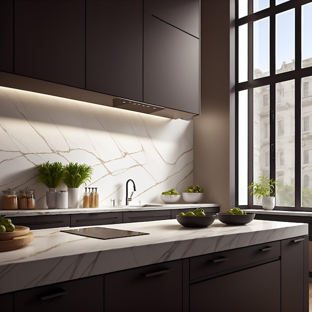 A modern kitchen with elegant marble countertops and ample natural light from the large window