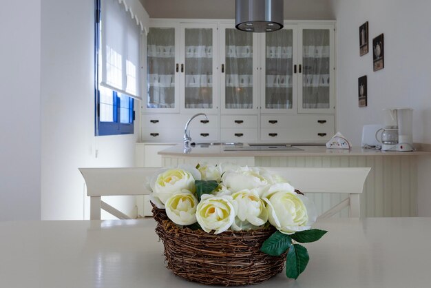 modern kitchen with flower basket