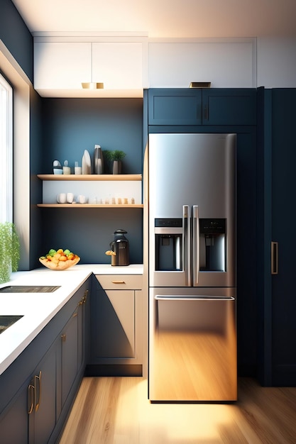 Modern kitchen with a fridge and kitchen supplies