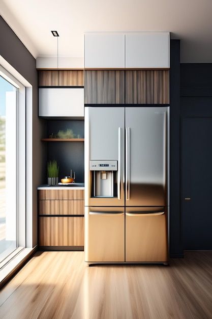 Modern kitchen with a fridge and kitchen supplies