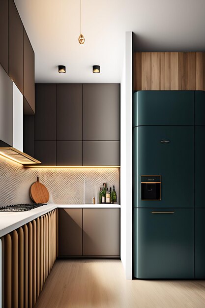 Modern kitchen with a fridge and kitchen supplies