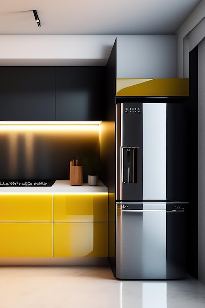 Modern kitchen with a fridge and kitchen supplies