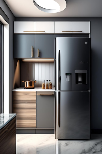 Modern kitchen with a fridge and kitchen supplies