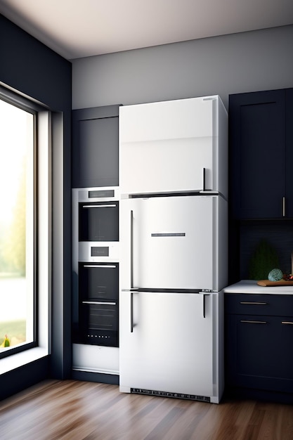 Modern kitchen with a fridge and kitchen supplies