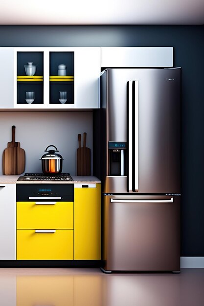 Modern kitchen with a fridge and kitchen supplies