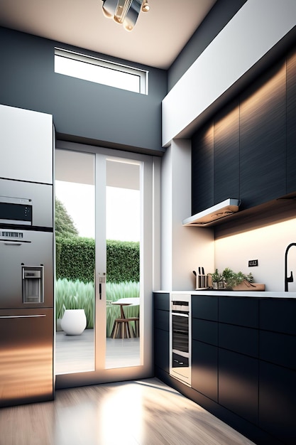 Modern kitchen with a fridge and kitchen supplies