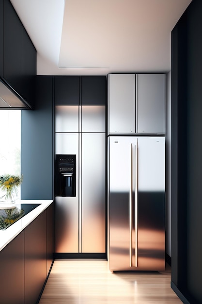 Modern kitchen with a fridge and kitchen supplies