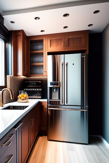 Modern kitchen with a fridge and kitchen supplies