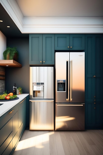 Modern kitchen with a fridge and kitchen supplies