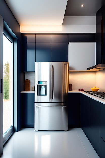 Modern kitchen with a fridge and kitchen supplies