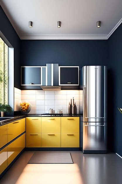 Modern kitchen with a fridge and kitchen supplies