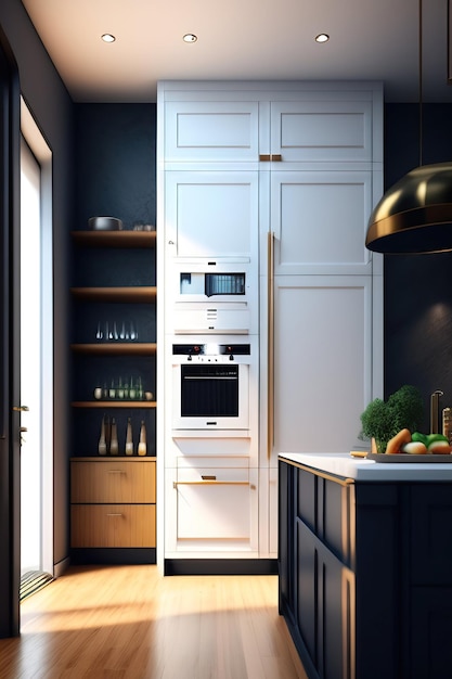 Современная кухня с холодильником и кухонными принадлежностями