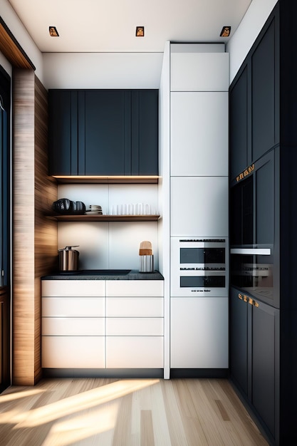 Modern kitchen with a fridge and kitchen supplies