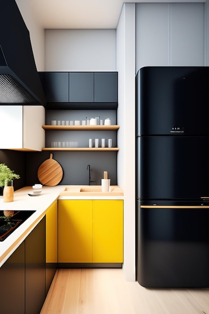 Modern kitchen with a fridge and kitchen supplies