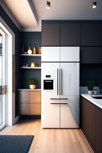 Modern kitchen with a fridge and kitchen supplies