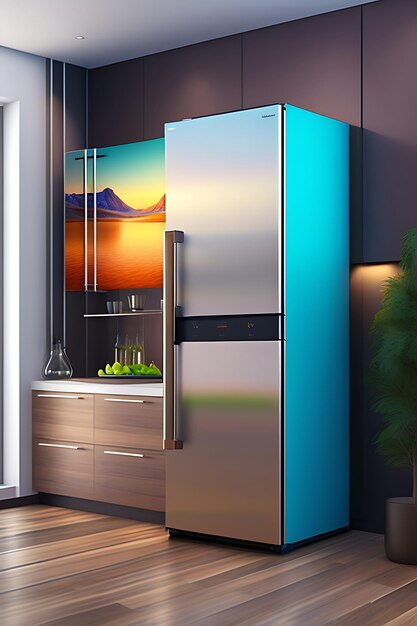 ディスプレイ付きの冷蔵庫を備えた近代的なキッチン