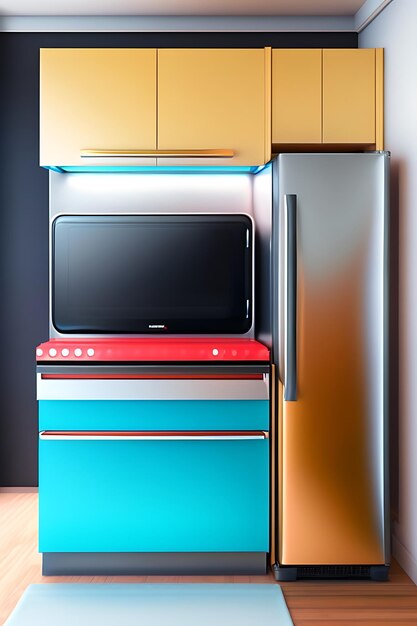 Modern kitchen with a fridge with a display