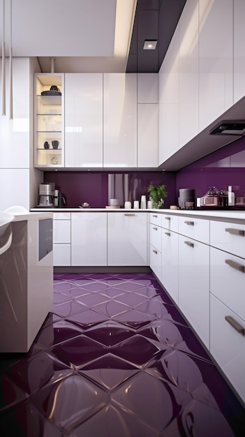 A modern kitchen with glossy white cabinets a geometric patterned floor and a vibrant purple accent wall