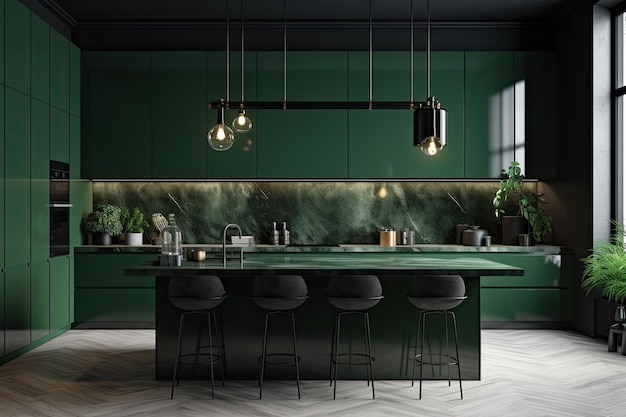 Modern kitchen with green walls and a sleek marble countertop Generative AI