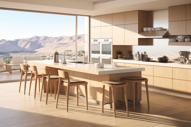 Modern kitchen with a large island and a view of the mountains