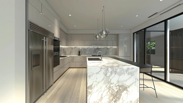 Photo a modern kitchen with a large marble island and stainless steel appliances