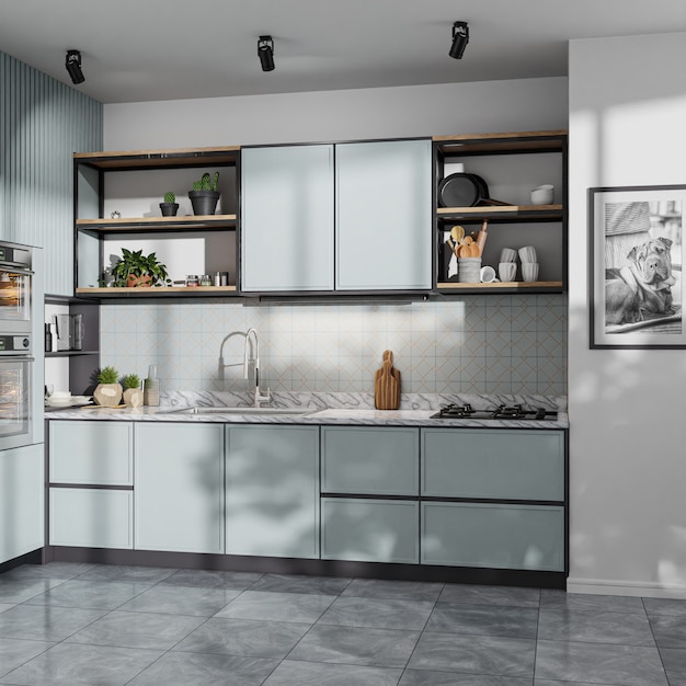 Modern kitchen with light blue cabinets