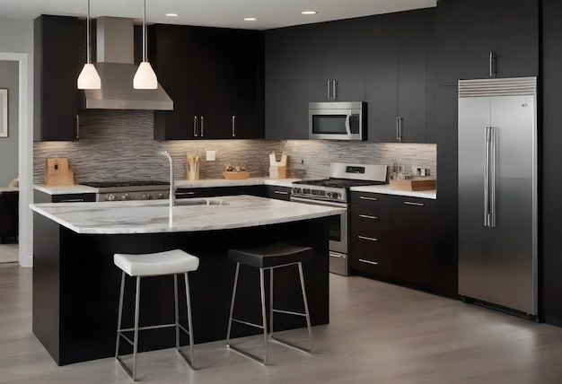 Modern kitchen with light cabinetry a central island with a wooden countertop and black appliances