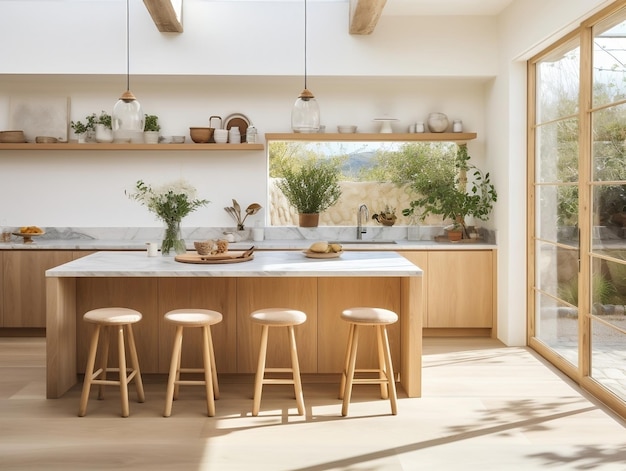 Modern kitchen with marble island and wooden stools