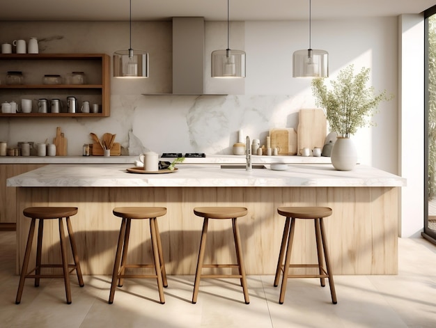 Modern kitchen with marble island and wooden stools